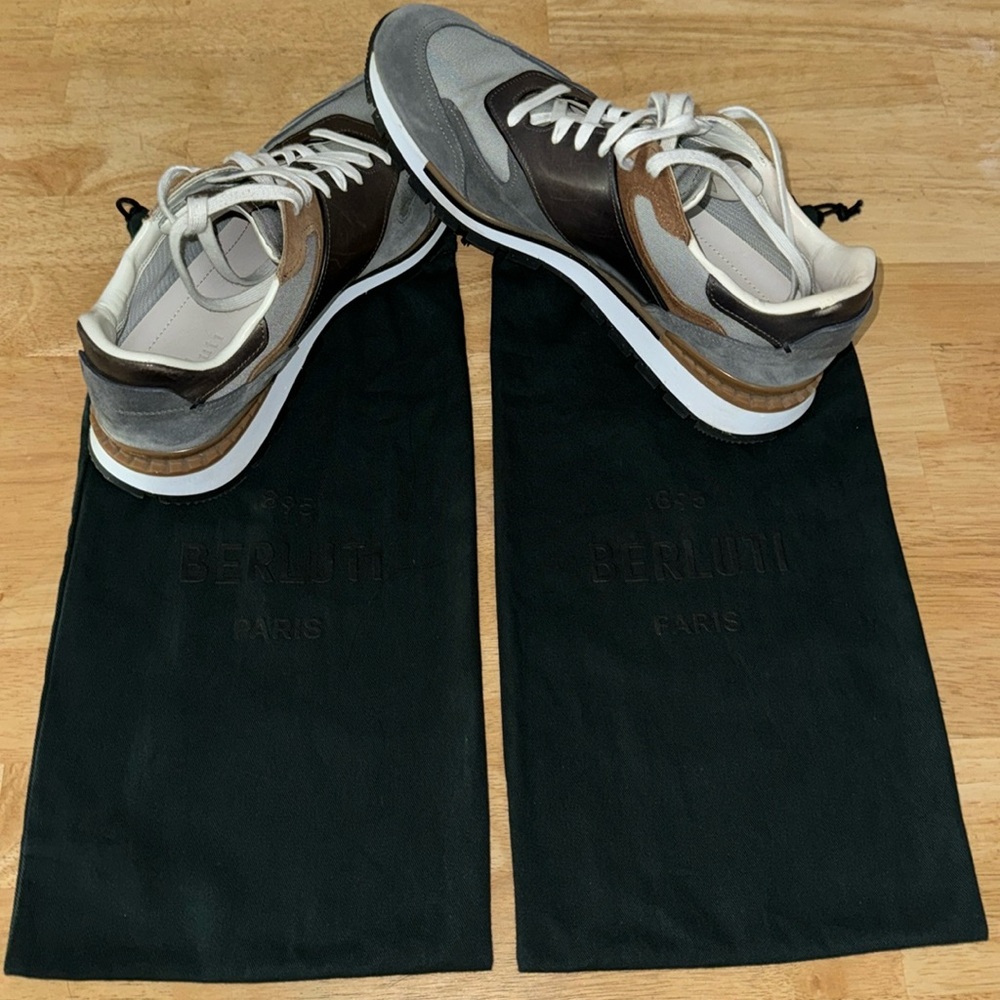 Berluti - Men's Run Track Leather, Suede And Mesh Grey Low Top Sneakers